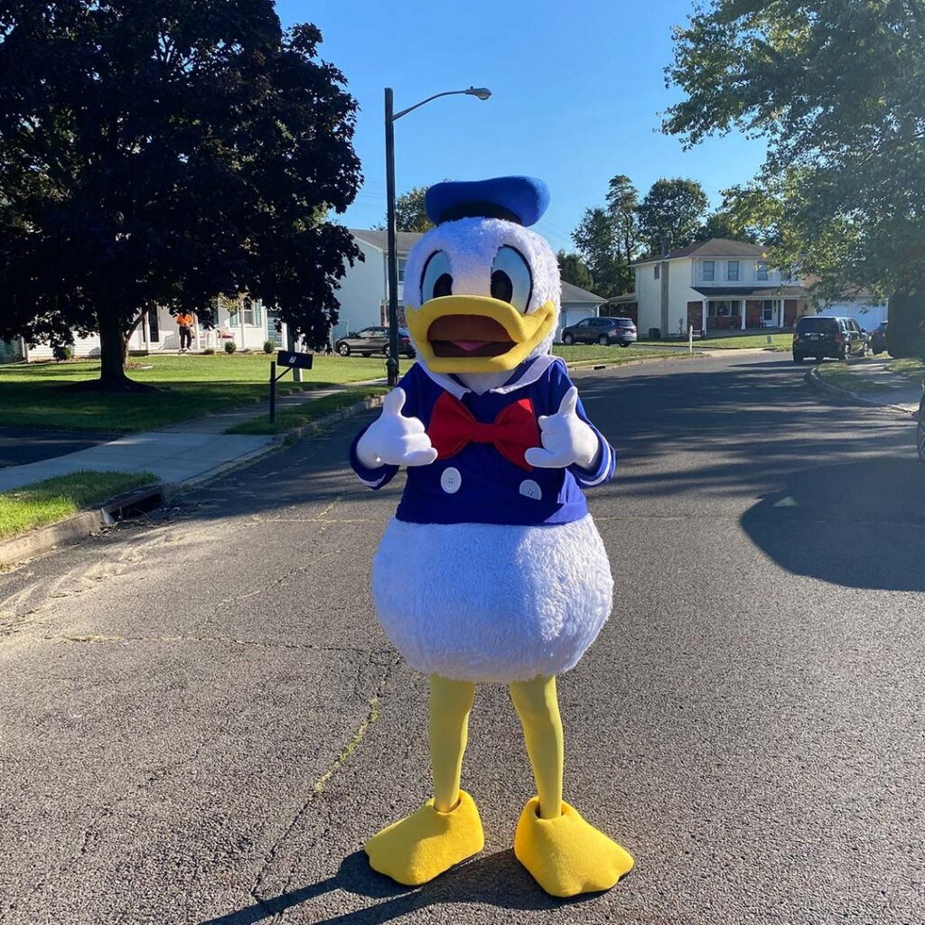 party character duck on street donald disney